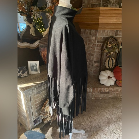 Black Fringed Poncho with Armholes - Picture 8 of 8